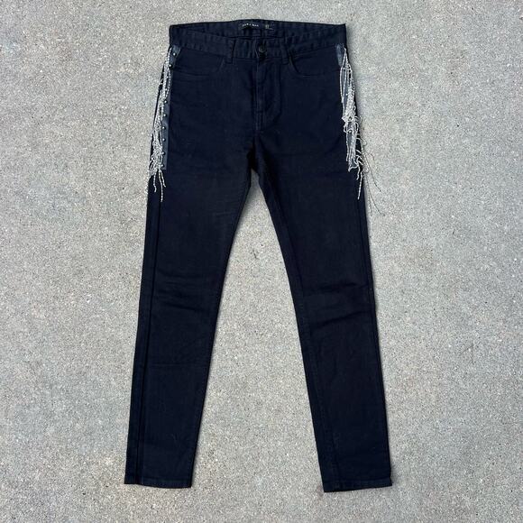 Zara Man Black Skinny Jeans Bling Stud Rhinestone Fringe US Size 31 - Picture 1 of 6